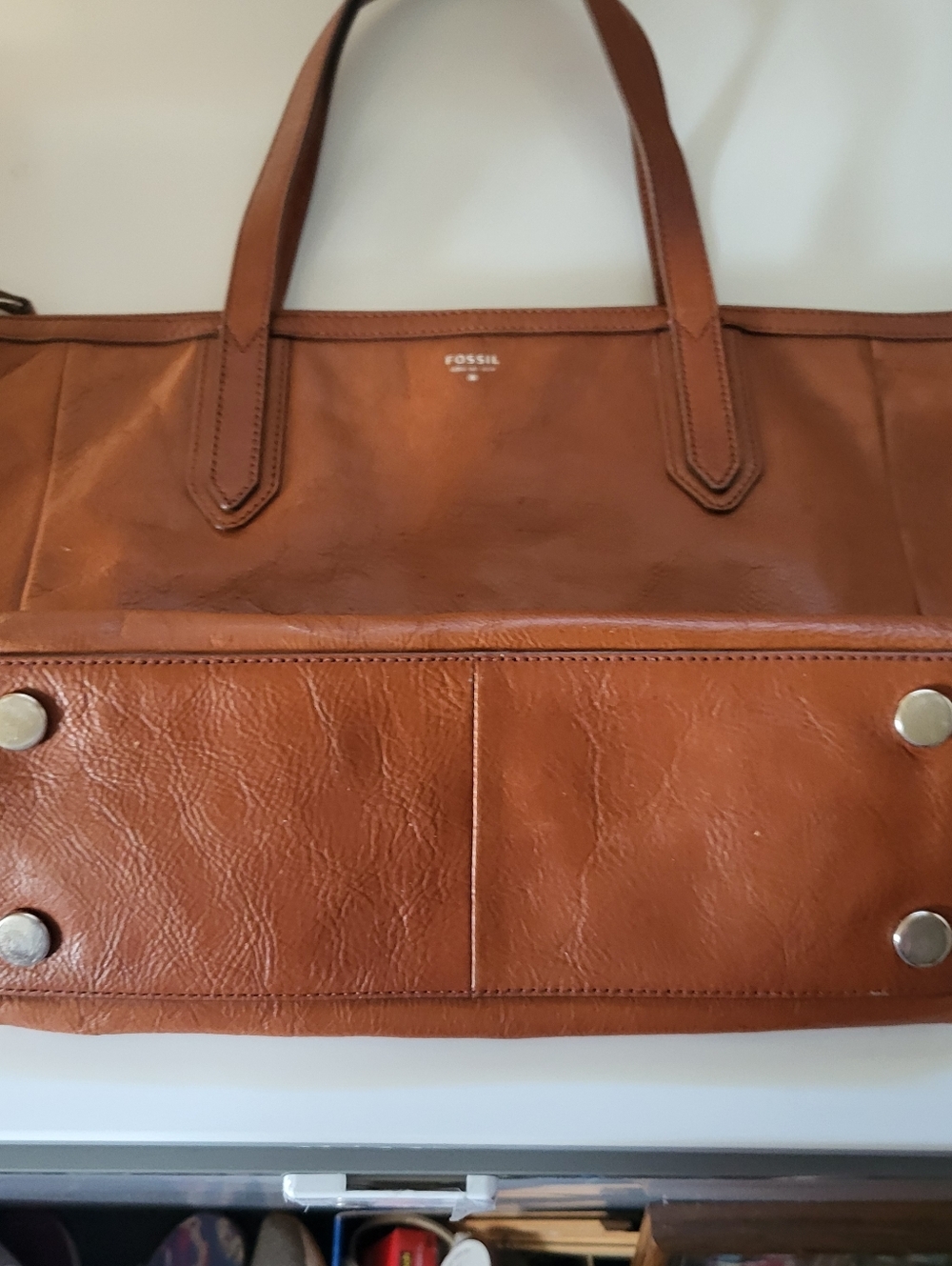 Fossil Leather Y2K Sydney Shopper Tote Carmel Brown Shoulder Bag Large Classic - Picture 2 of 7